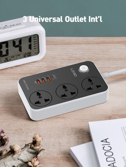 Ldnio Πολύπριζο 3 Θέσεων με 3 USB-A, 1 USB-C, Διακόπτη και Καλώδιο 2m