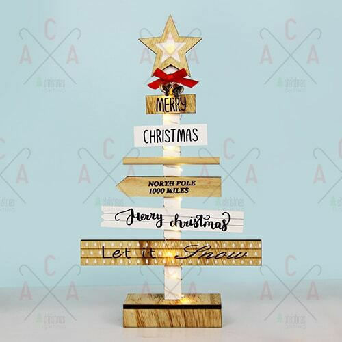 Christmas Decorative Illuminated Wood Tree with Inscription 38cm IP20 Battery Beige