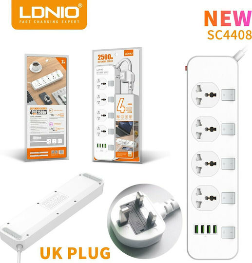 Ldnio Захранваща лента Безопасност 4 Позиции с 4 USB-A, Превключвател и Кабел 2м