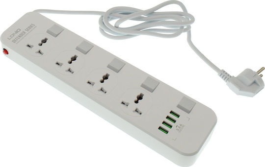 Ldnio Захранваща лента Безопасност 4 Позиции с 4 USB-A, Превключвател и Кабел 2м