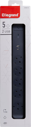 Legrand Surgearrest Power Strip 5 Sockets with 1 USB-A USB-C Switch and 1.5m Gray Cable