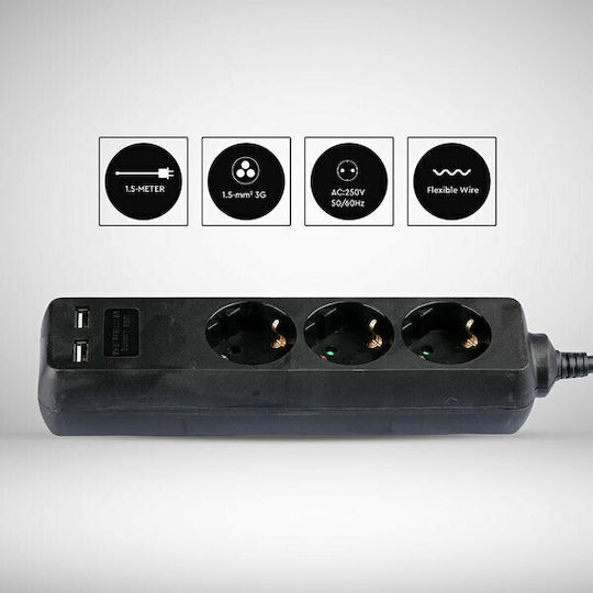 V-TAC Bandă de alimentare Securitate 3 Prize cu 2 USB-A și Cablu 1.5m