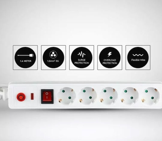V-TAC Power Strip with Surge Protection 5 Positions with Switch and Cable 1.4m