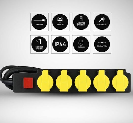 V-TAC Steckdosenleiste 5 Positionen mit Schalter und Kabel 3m
