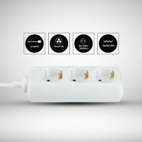 V-TAC Power Strip 3 Positions with Cable 1.5m