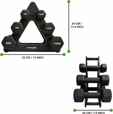 Tunturi Set of Hexagon Dumbells 6pcs Total Weight 12kg with Base