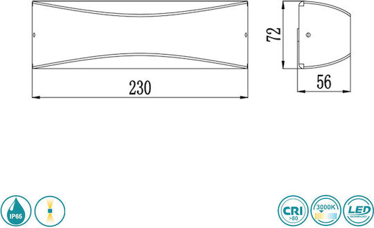 Sun Light Επιτοίχια Εξωτερική Πλαφονιέρα LED IP65 12W με Θερμό Λευκό Φως Διπλής Δέσμης 23x5.6εκ.