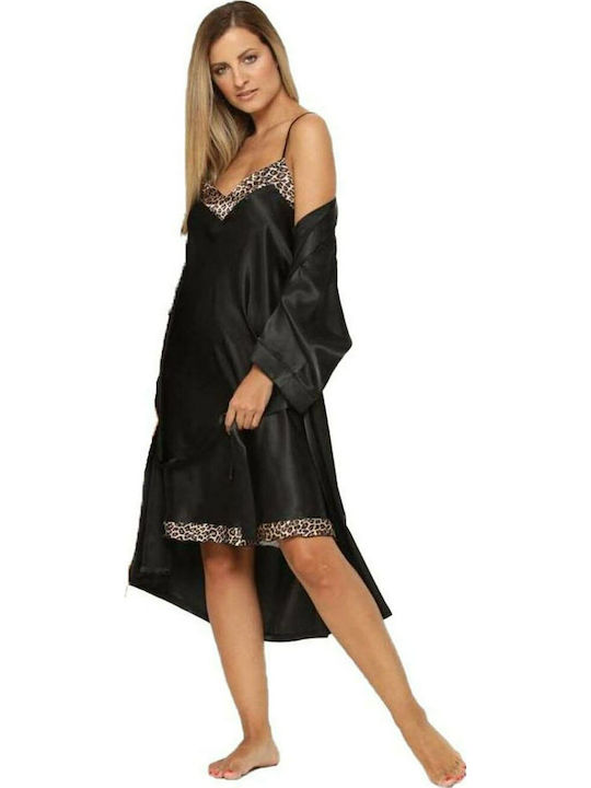 NIGHTDRESS SATIN SECRET POINT 219-318 BLACK WITH ANIMAL PRINT STRIPES