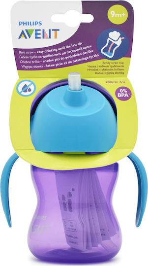 Philips Baby Cup with Handles and Straw Bendy made of Plastic Purple 200ml for 9m+m+