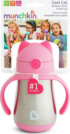 Munchkin Cool Cat Toddler Metal Cup with Handles and Straw 237ml for 18m+ Pink