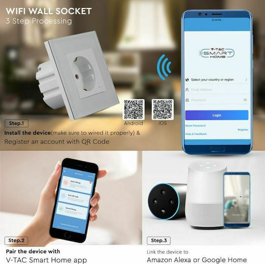 V-TAC Μονή Χωνευτή Πρίζα Ρεύματος Wi-Fi Λευκή