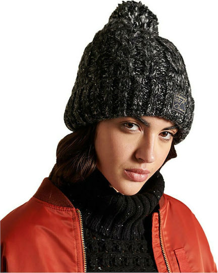Tweed Cable Pom Pom Beanie Beanie Knitted in Black color