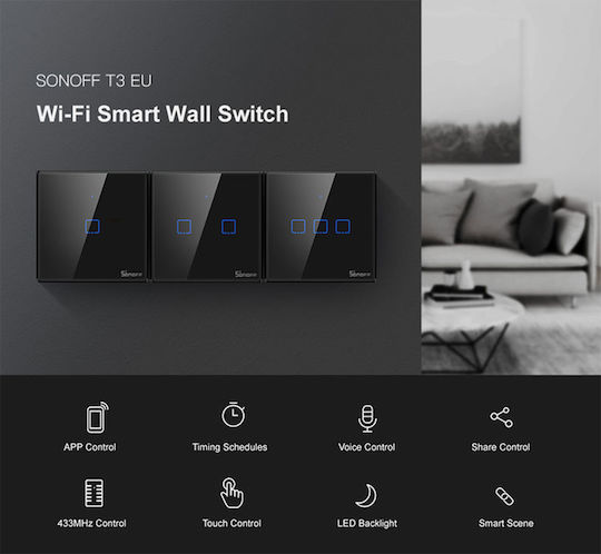 Sonoff ΤΧ-T3EU3C Recessed Touch Wall Switch Wi-Fi Lighting Triple with Frame Black