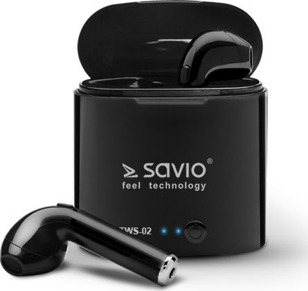 Savio TWS-02 Earbud Bluetooth хендсфри Слушалки с Кутийка за Зареждане Черен