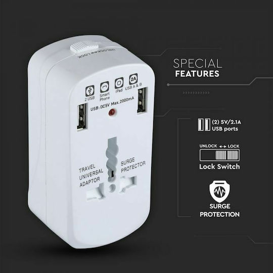 V-TAC Steckdosenadapter von Universal zu Universal mit 2 USB-Steckdosen