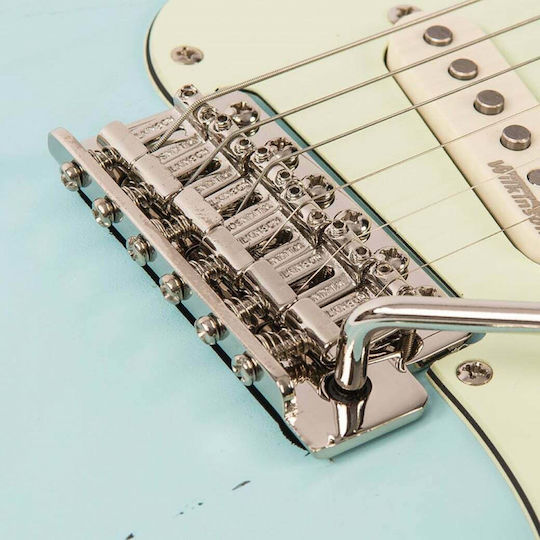 Vintage V6 Icon Electric Guitar Stratocaster with SSS Pickup Configuration Distressed Laguna Blue