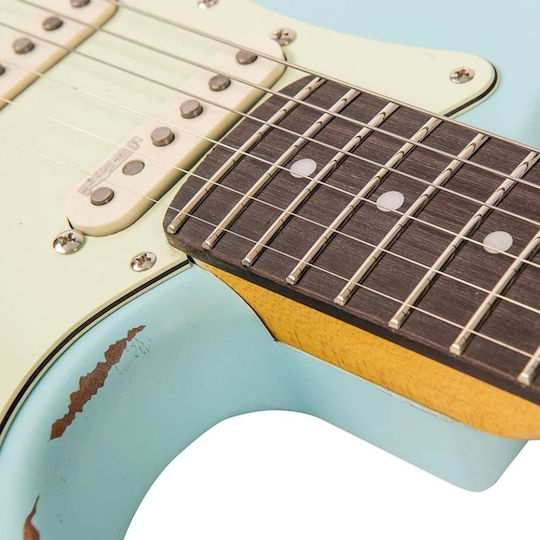 Vintage V6 Icon Electric Guitar Stratocaster with SSS Pickup Configuration Distressed Laguna Blue