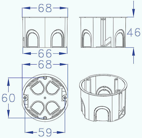 Aca Flush Electrical Box Branching for Drywall Φ68x46mm in Blue Color 2pcs