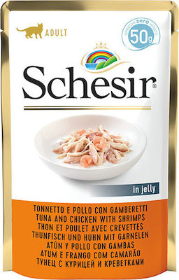 Schesir Nature for Cat Nasses Katzenfutter für Katze in Beutel mit Shrimps, Huhn und Thunfisch 50gr