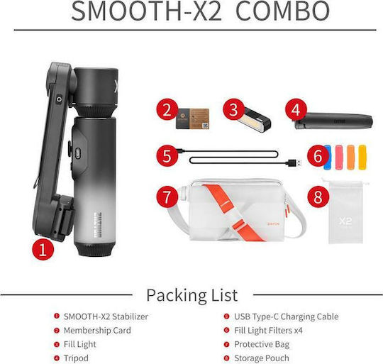 Zhiyun Smooth X2 Combo Gimbal за мобилни телефони с 3-осов стабилизатор и 3.5 часа работа Черен