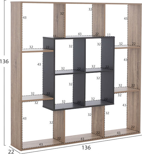 Brody Bookcase Natural Gray 136x22x136cm
