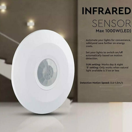 V-TAC VT-8027 Senzor De Mișcare Cu Fir Infraroșu 360° Rază De Acțiune 6m