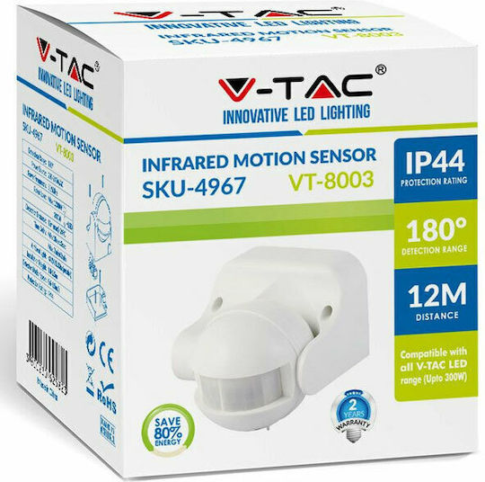 V-TAC VT-8003 Senzor De Mișcare Cu Fir Infraroșu 180° Rază De Acțiune 12m