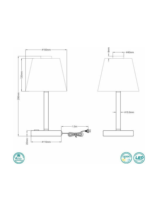 Trio Lighting Emerald Метална Настолна лампа LED с Бял Абажур и Сребрист Основа