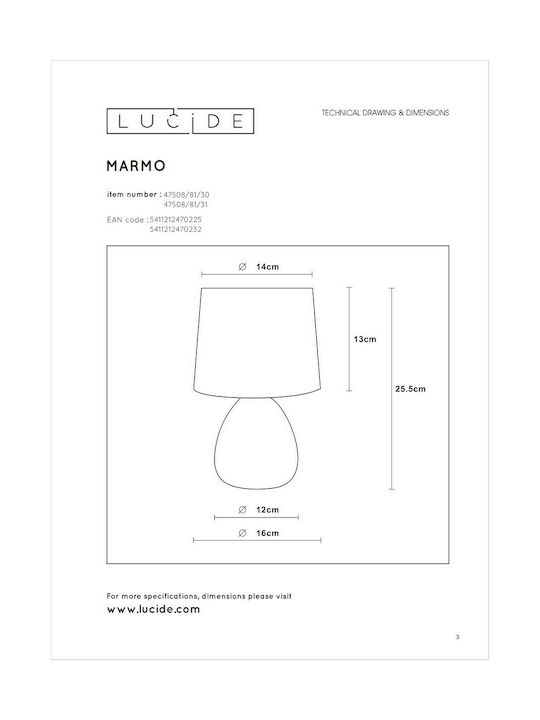 Lucide Lightning Marmo Ceramic Table Lamp for Socket E14 LED with White Shade and Base