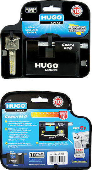 Hugo Locks Cobra 88G Steel Padlock Monoblock with Key 88mm Black 1pcs