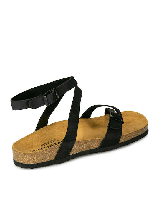 Leather Women's Flat Sandals Anatomic with Strap Black Apure