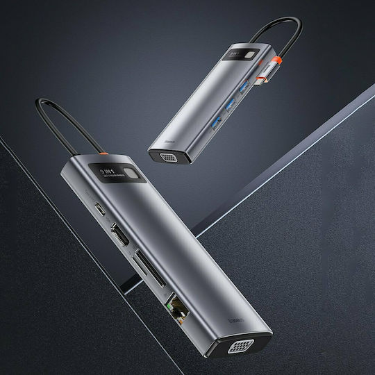 Baseus Gleam USB-C Docking Station με HDMI 4K PD Ethernet και συνδεση 2 Οθονών Γκρι