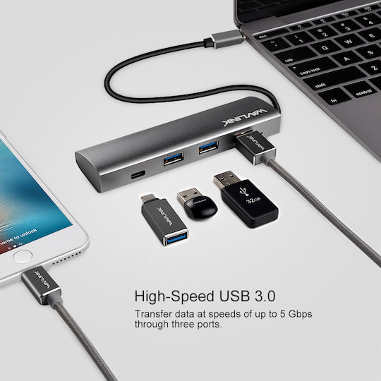 Wavlink UH3047C1 Hub 4 Θυρών USB 3.0 με σύνδεση USB-C Γκρι