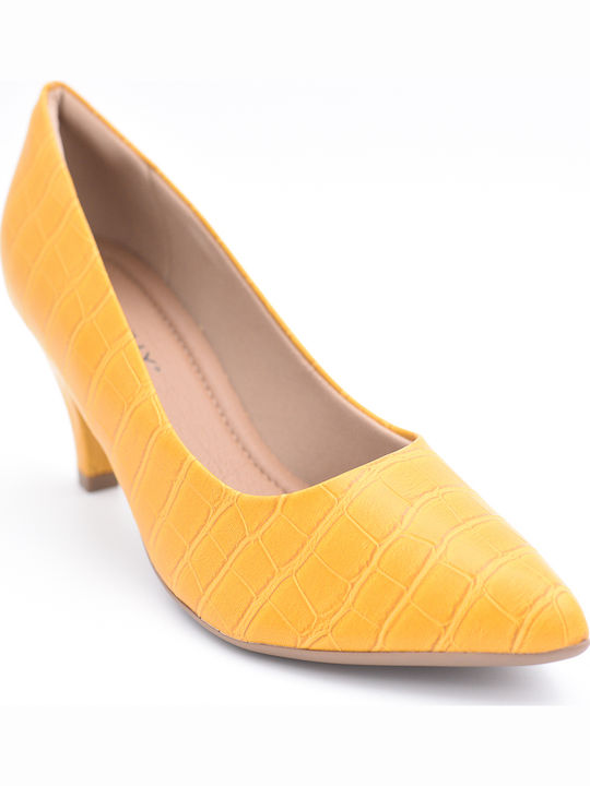 Pumps mit Chunky Mittelhohem Absatz Gelb Croco