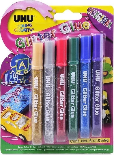 UHU Κόλλα Glitter Πολύχρωμη 10ml Σετ 6τμχ