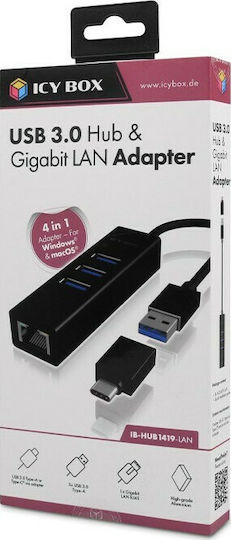 Icy Box Hub 4 Θυρών USB 3.0 με σύνδεση USB-A / USB-C / Ethernet
