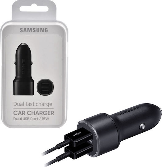 Samsung Dual Car Charger Φορτιστής Αυτοκινήτου 15W 2A Γρήγορης Φόρτισης με Θύρες: 2xUSB Μαύρο Χρώμα