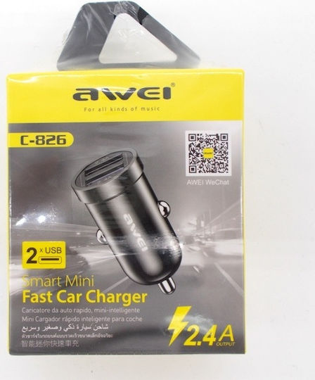 Awei Φορτιστής Αυτοκινήτου C-826 12W 2.4A Γρήγορης Φόρτισης με Θύρες: 2xUSB Μαύρος
