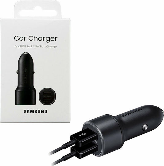 Samsung Dual Car Charger Φορτιστής Αυτοκινήτου 15W 2A Γρήγορης Φόρτισης με Θύρες: 2xUSB Μαύρο Χρώμα