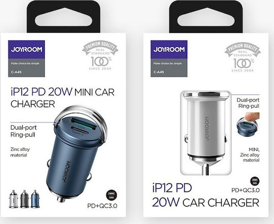 Joyroom C-A45 Автомобилен Зарядно Устройство 20W 4A Бързо Зареждане с Портове 1xUSB-A 1xType-C Сив Цвят