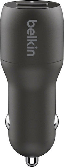 Belkin Car Charger 24W 2.4A with Ports: 2xUSB with Cable Type-C Black Color
