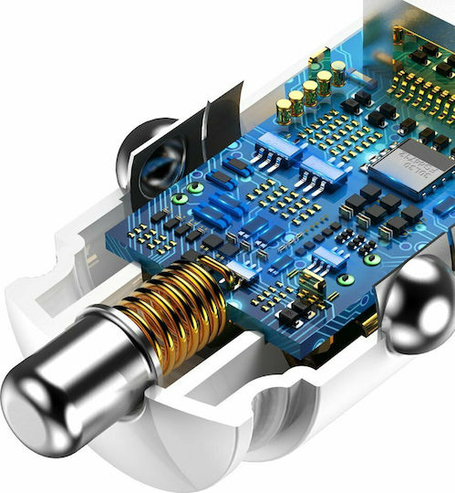 Baseus Auto-Ladegerät 30W 5A Schnellladen mit Anschlüssen 2xUSB-A Weißes Farbe