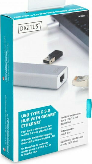 Digitus Hub USB 3 Porturi USB 3.0 cu Conectare USB-C Ethernet Argintiu