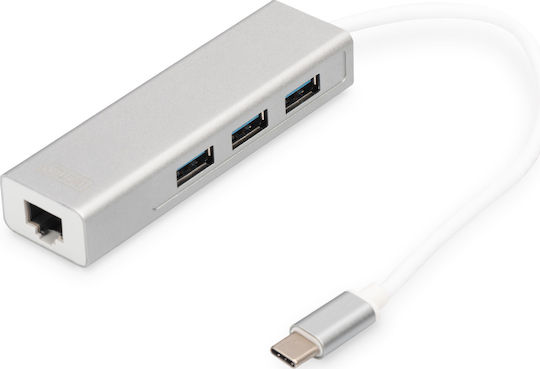Digitus Hub USB 3 Porturi USB 3.0 cu Conectare USB-C Ethernet Argintiu