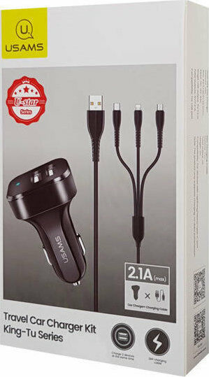 Usams C13 Car Charger 2.1A Fast Charging with Ports: 2xUSB with Cable Lightning / Micro-USB / Type-C Black Color