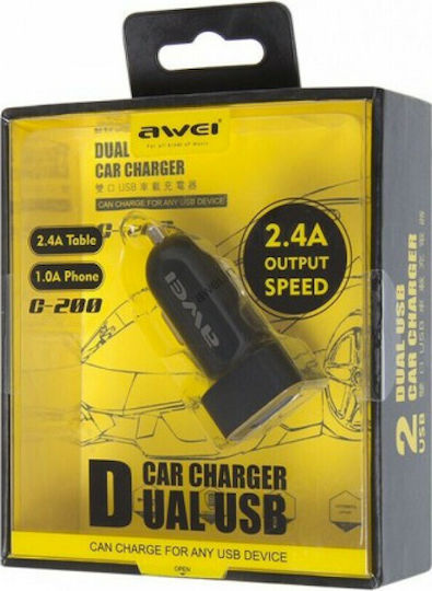 Awei C-200 Зарядно за кола 2.4Спецификация с Портове: 2xUSB Черен Цвят