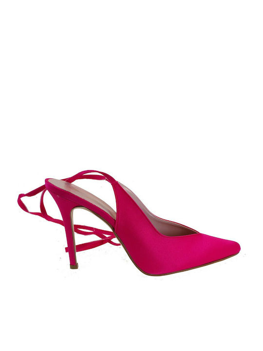 89685 Satin Spitze Zehe Pumps mit Fuchsie Absatzdicke Stiletto