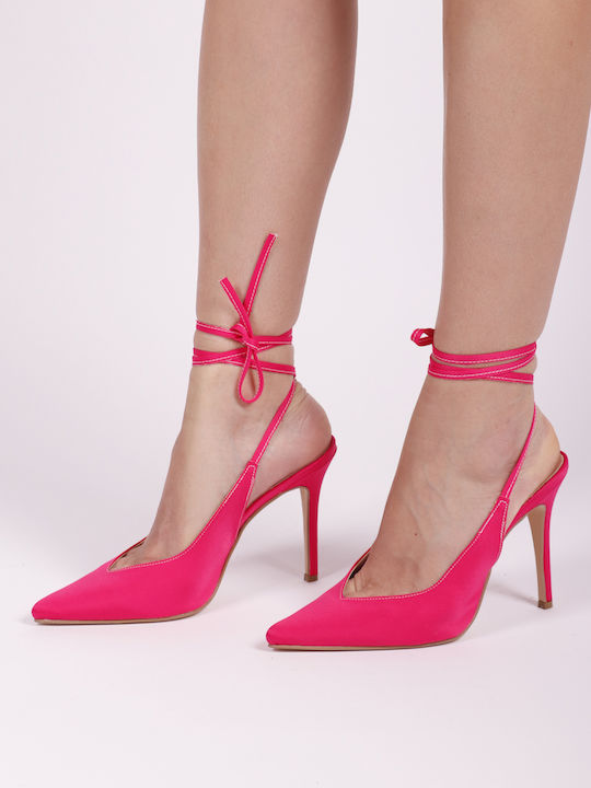 89685 Satin Spitze Zehe Pumps mit Fuchsie Absatzdicke Stiletto