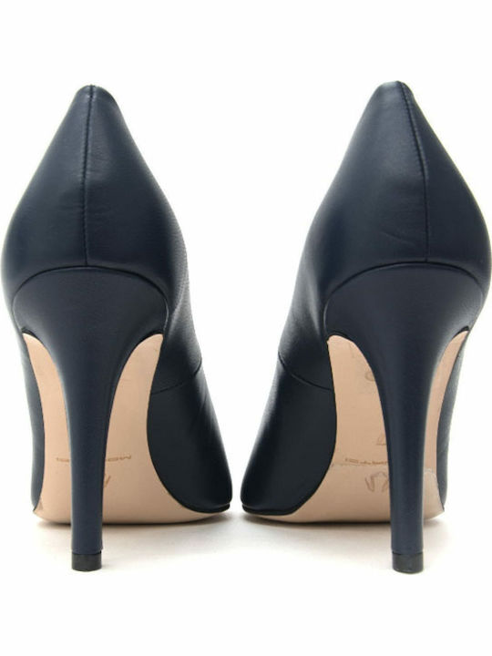 Leather Pointed Toe Stiletto Navy Blue High Heels 85300