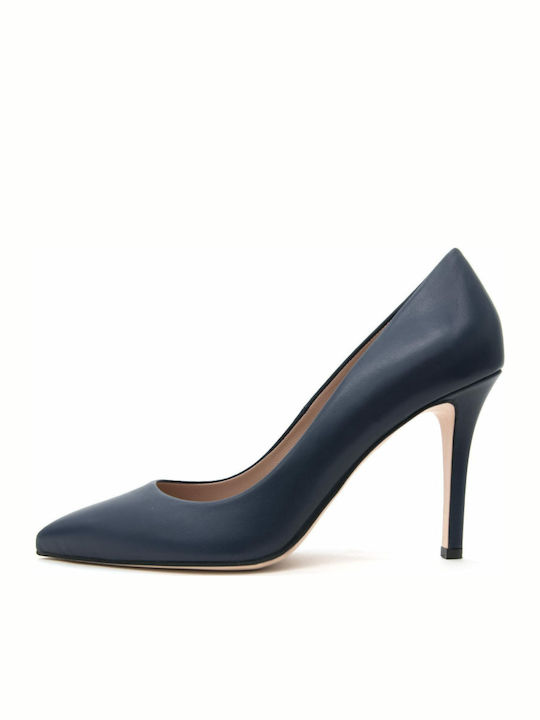 Leather Pointed Toe Stiletto Navy Blue High Heels 85300